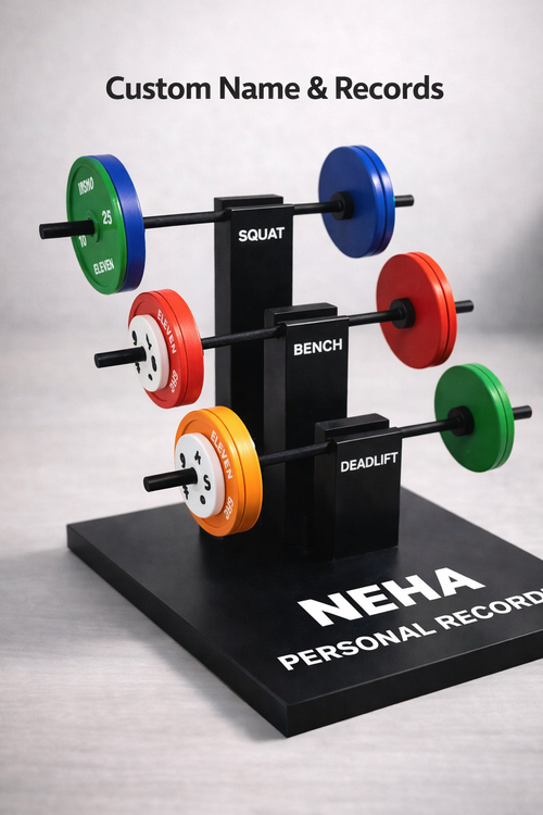 Mini gym rack with custom name and 60+ weight plates — USA edition